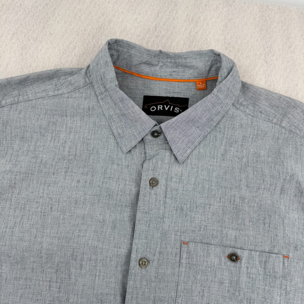 Orvis Mens L Cotton Linen Blend Short Sleeve Button Down Light Blue Outdoors